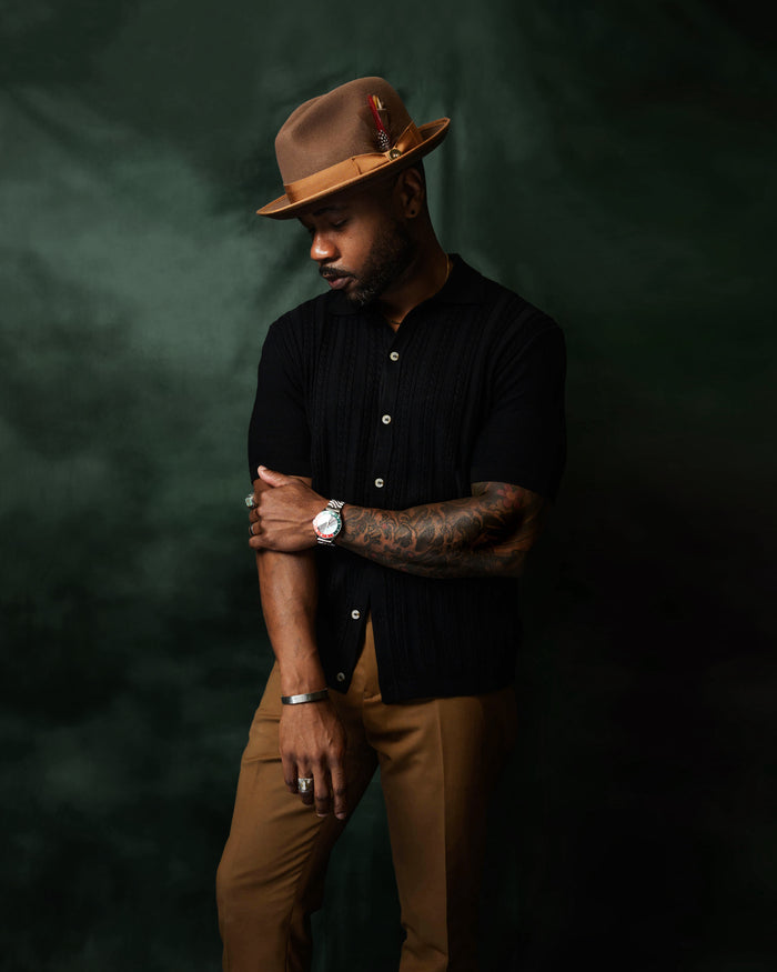 Southern Gents Trilby Fedora Hat - Brown and Cable Knit Polo in Black