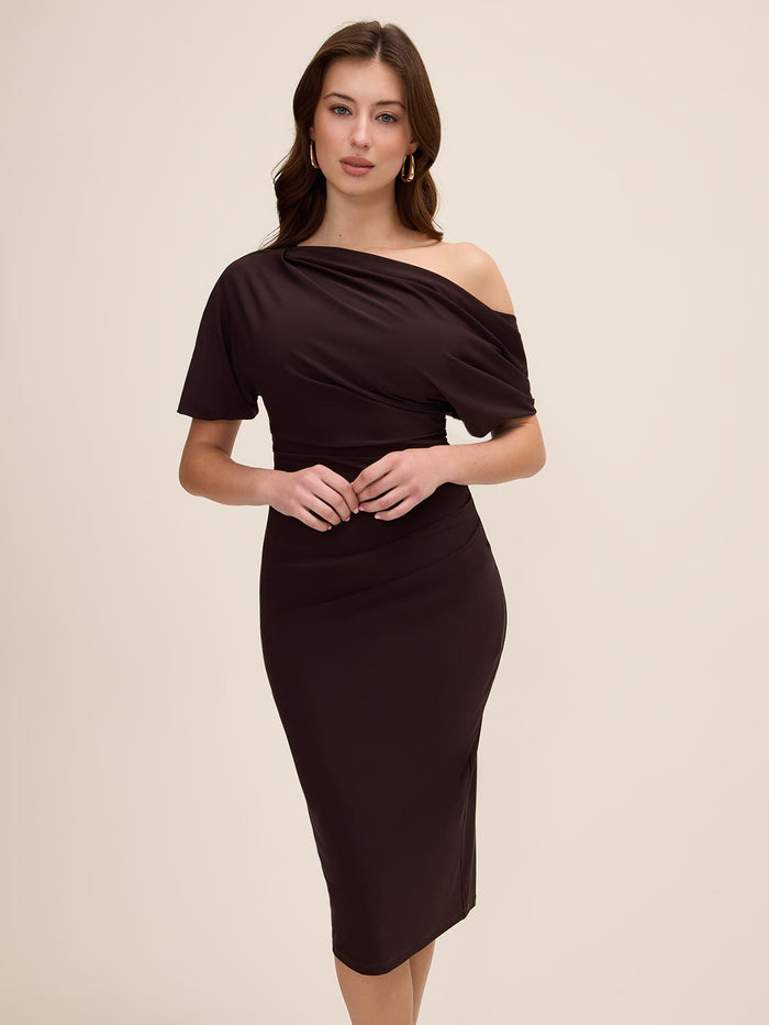 Coco Powder Asymmetrical Neckline Sheath Dress - Woman Wearing Elegant Fitted Dress - Le Chateau