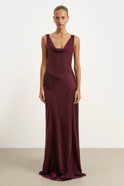 Sheer Chiffon Cowl Neck Satin Panel Gown - Mulberry