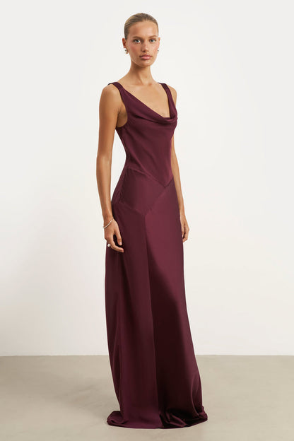 Sheer Chiffon Cowl Neck Satin Panel Gown - Mulberry