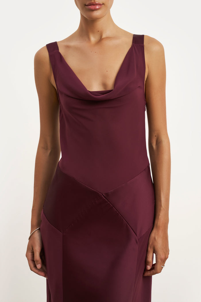Sheer Chiffon Cowl Neck Satin Panel Gown - Mulberry