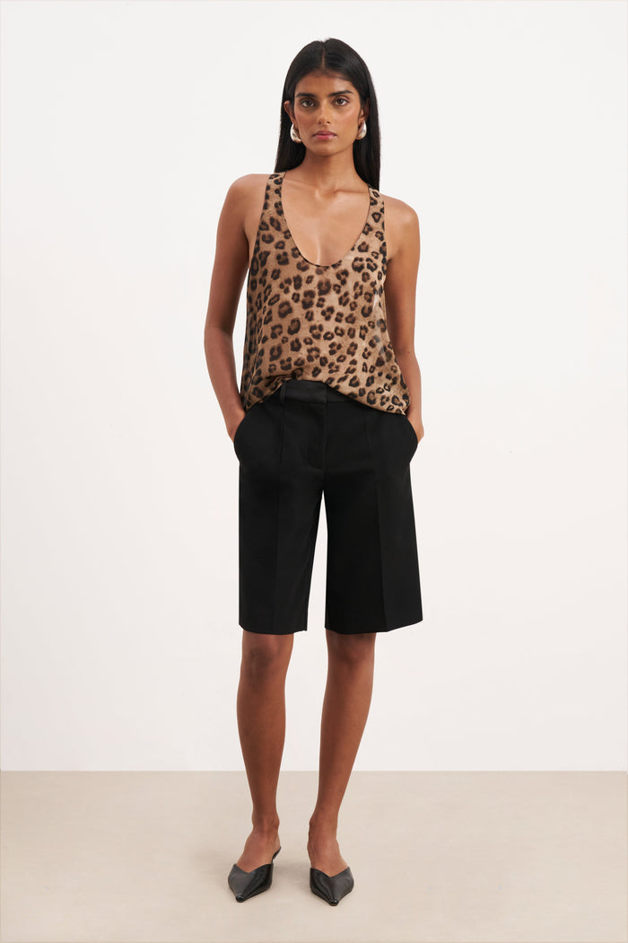 Sheer Plunge U Neck Tank Top - Leopard Print