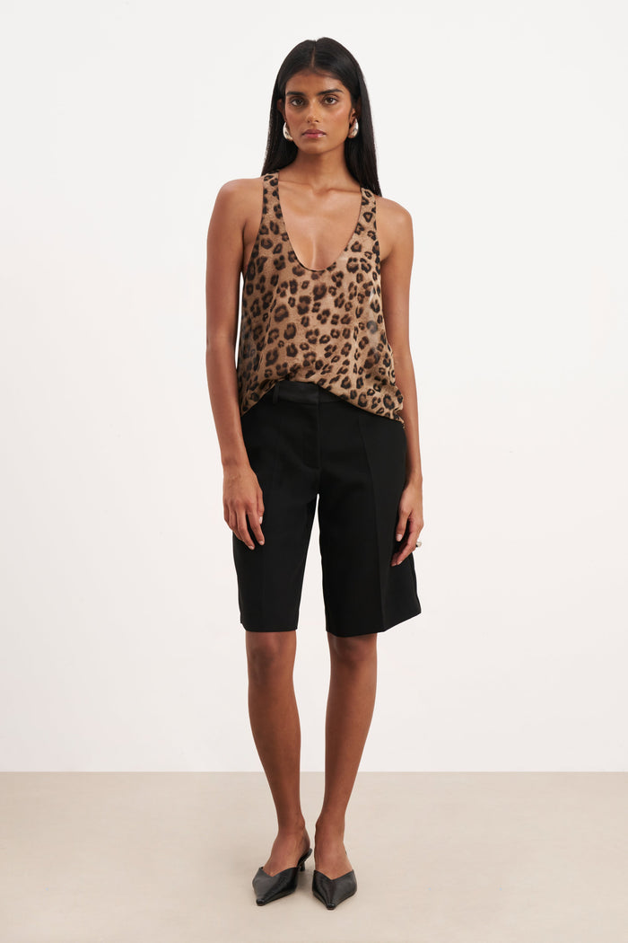 Sheer Plunge U Neck Tank Top - Leopard Print