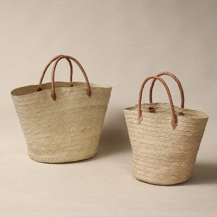 Shopper basket tote with leather