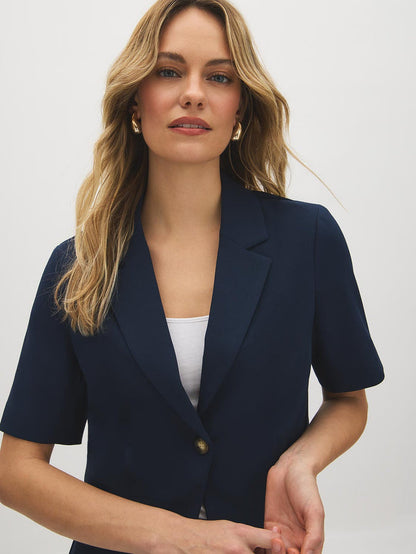 Dark Sapphire Cropped Short Sleeve Blazer - Woman Wearing Fitted Blazer with Notch Collar - Suzy Shier