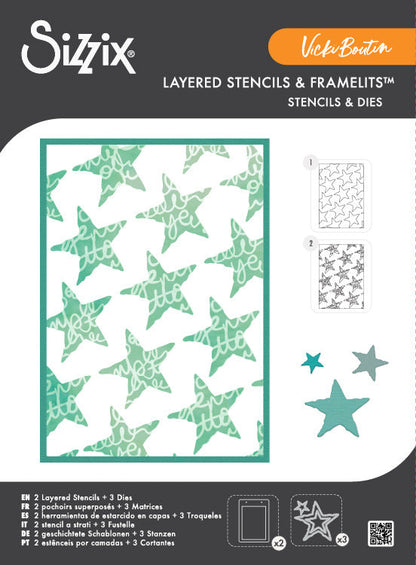Sizzix Framelits Die Set w/A4 Stencil Set by Vicki Boutin Script Layering Stars. 2 stencils and 3 dies. At Embellish Away located in Bowmanville Ontario Canada.
