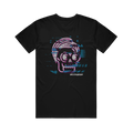 Black t-shirt from Mattstagraham featuring a glitchy, neon-outlined skull with glasses and stylized hair. Crafted from 100% U.S. cotton in a relaxed fit, this American Apparel T-shirt displays the word INSTAGRAMAN below the skull in a digital font. The background is enhanced with striking digital glitch effects for an edgy, modern vibe.