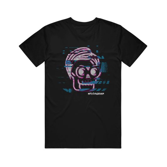 Black t-shirt from Mattstagraham featuring a glitchy, neon-outlined skull with glasses and stylized hair. Crafted from 100% U.S. cotton in a relaxed fit, this American Apparel T-shirt displays the word INSTAGRAMAN below the skull in a digital font. The background is enhanced with striking digital glitch effects for an edgy, modern vibe.