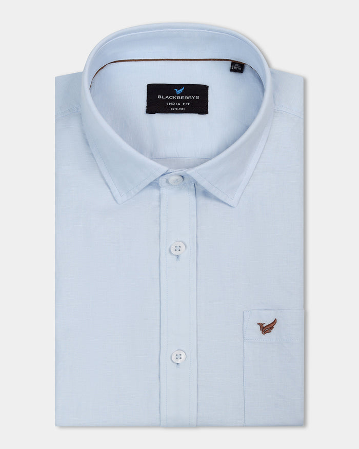 Sky Blue Half Sleeve Linen Solid Shirt - Cleo