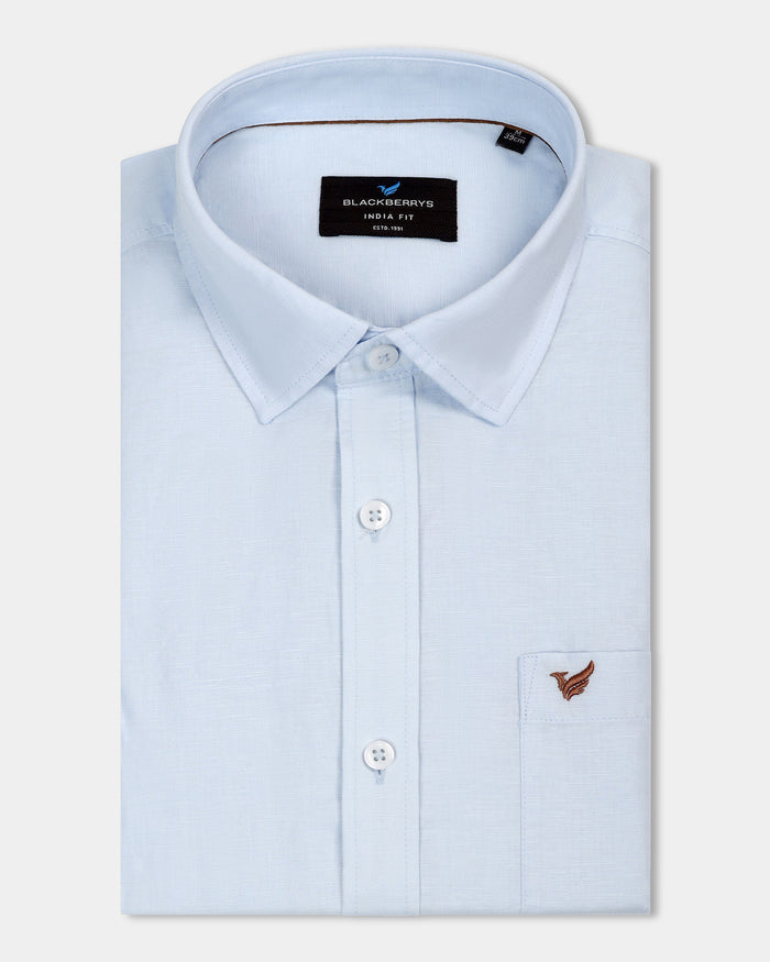 Sky Blue Linen Solid Shirt - Cleo