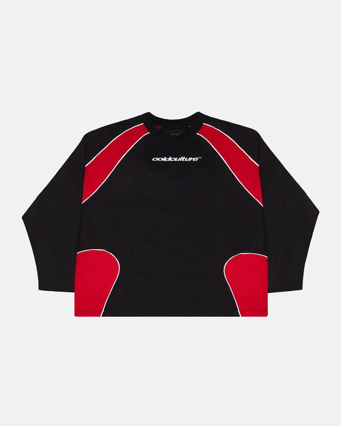 SLIDER LONGSLEEVE TEE BLACK & RED - black and red panelled longsleeve tee, front view - Cold Culture