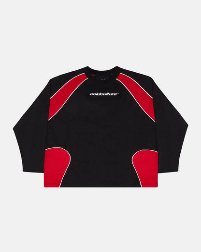SLIDER LONGSLEEVE TEE BLACK & RED - black and red panelled longsleeve tee, front view - Cold Culture