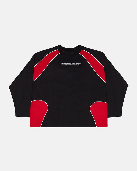 SLIDER LONGSLEEVE TEE BLACK & RED - black and red panelled longsleeve tee, front view - Cold Culture