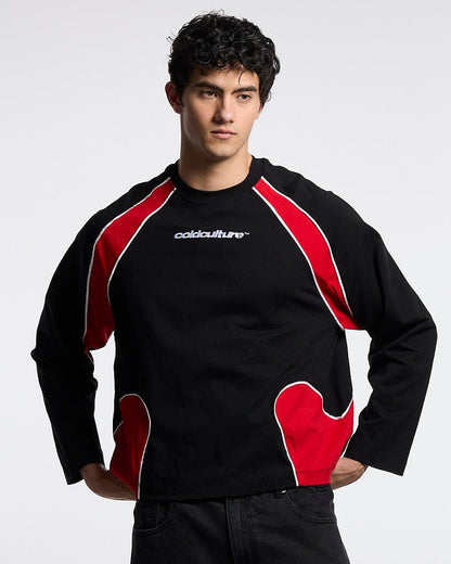 SLIDER LONGSLEEVE TEE BLACK & RED - black and red panelled longsleeve tee, front view on male model - Cold Culture #man