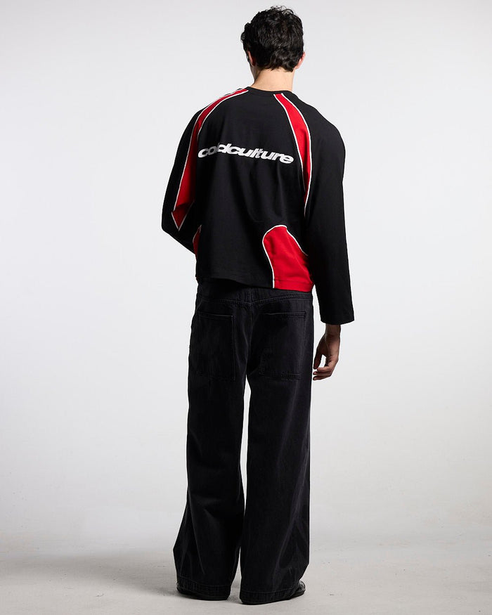 SLIDER LONGSLEEVE TEE BLACK & RED - black and red panelled longsleeve tee, back view on male model - Cold Culture #man