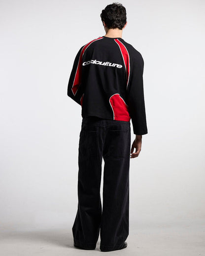 SLIDER LONGSLEEVE TEE BLACK & RED - black and red panelled longsleeve tee, back view on male model - Cold Culture #man