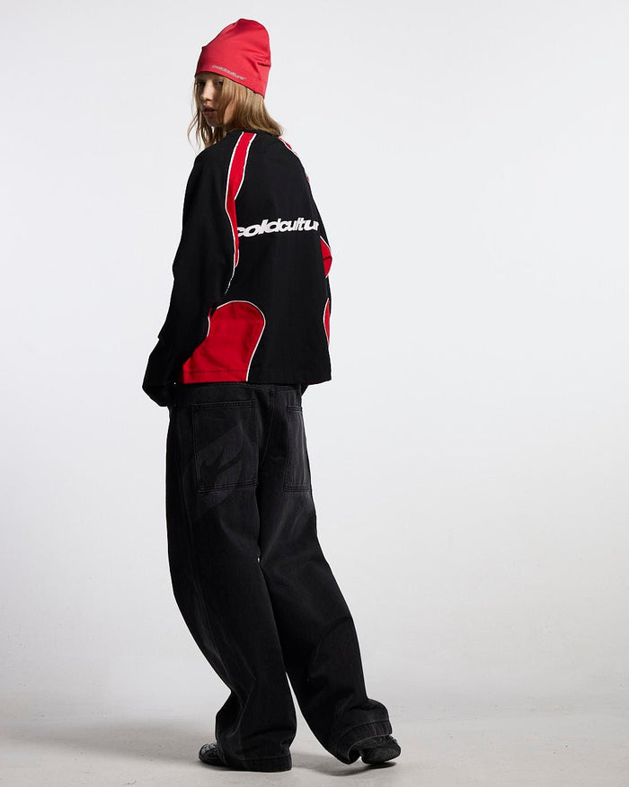 SLIDER LONGSLEEVE TEE BLACK & RED - black and red panelled longsleeve tee, back view on female model - Cold Culture #woman
