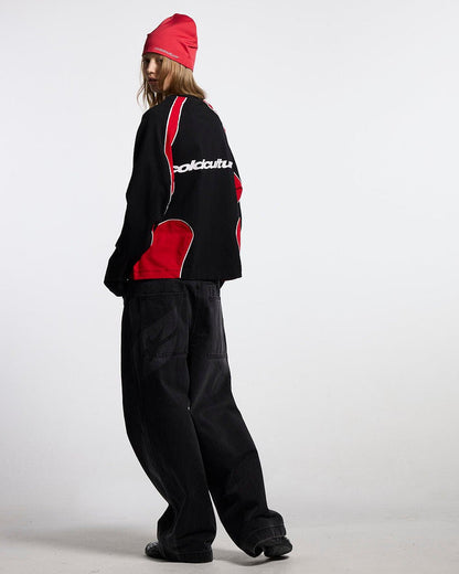 SLIDER LONGSLEEVE TEE BLACK & RED - black and red panelled longsleeve tee, back view on female model - Cold Culture #woman