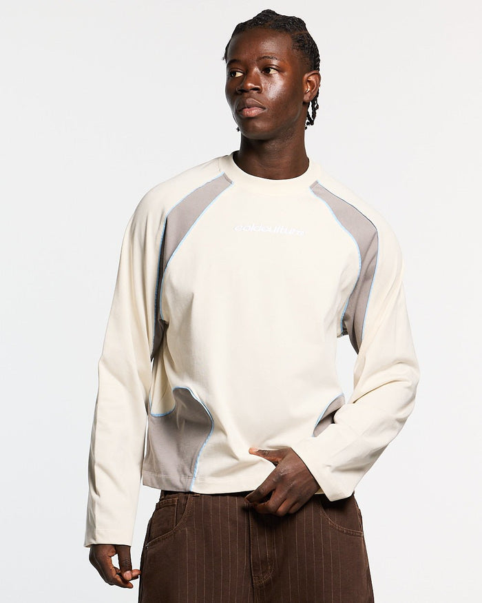 SLIDER LONGSLEEVE TEE GREY - grey panelled longsleeve tee, front view on male model - Cold Culture #man