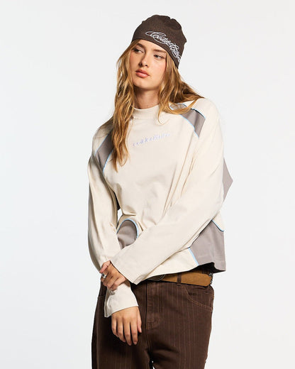 SLIDER LONGSLEEVE TEE GREY - grey panelled longsleeve tee, front view on female model - Cold Culture #woman