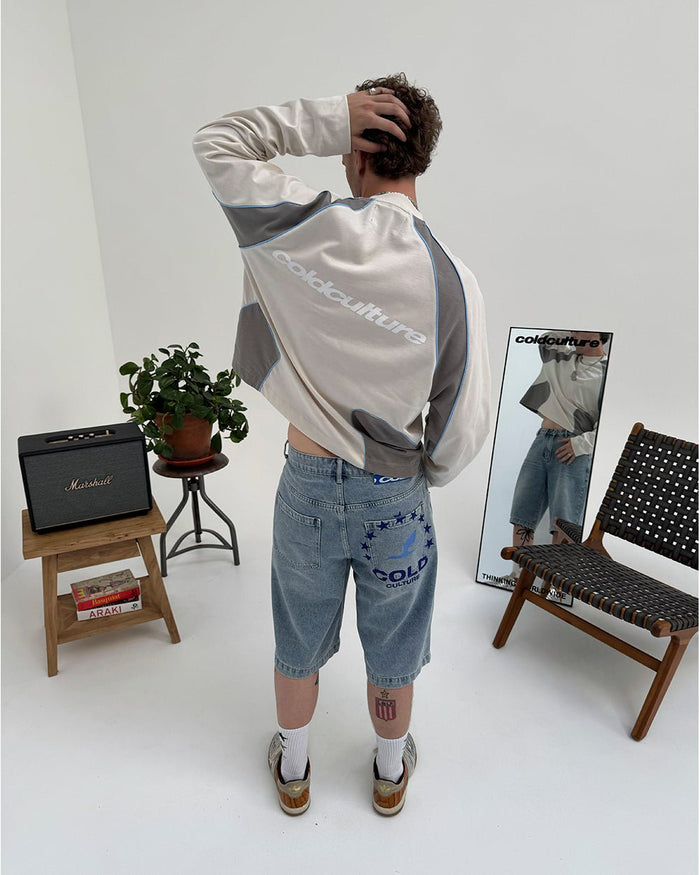 SLIDER LONGSLEEVE TEE GREY - grey panelled longsleeve tee, back view on male model - Cold Culture