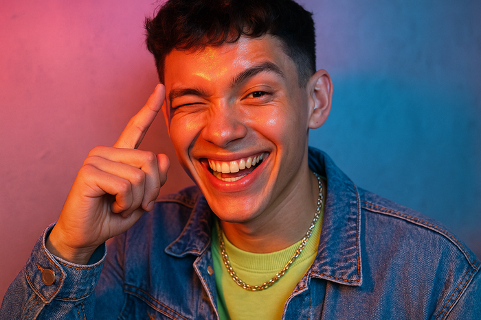 Generate a gen Z photo of a male with glow skin playing joke