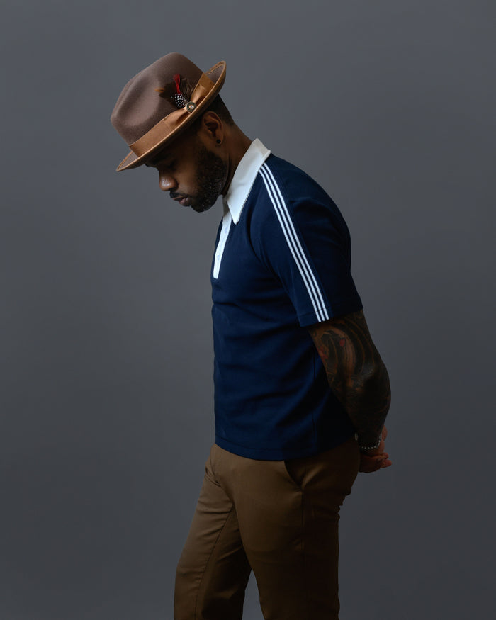 Southern Gents Vintage Cotton Polo - Navy + White and Brown Trilby Fedora Hat