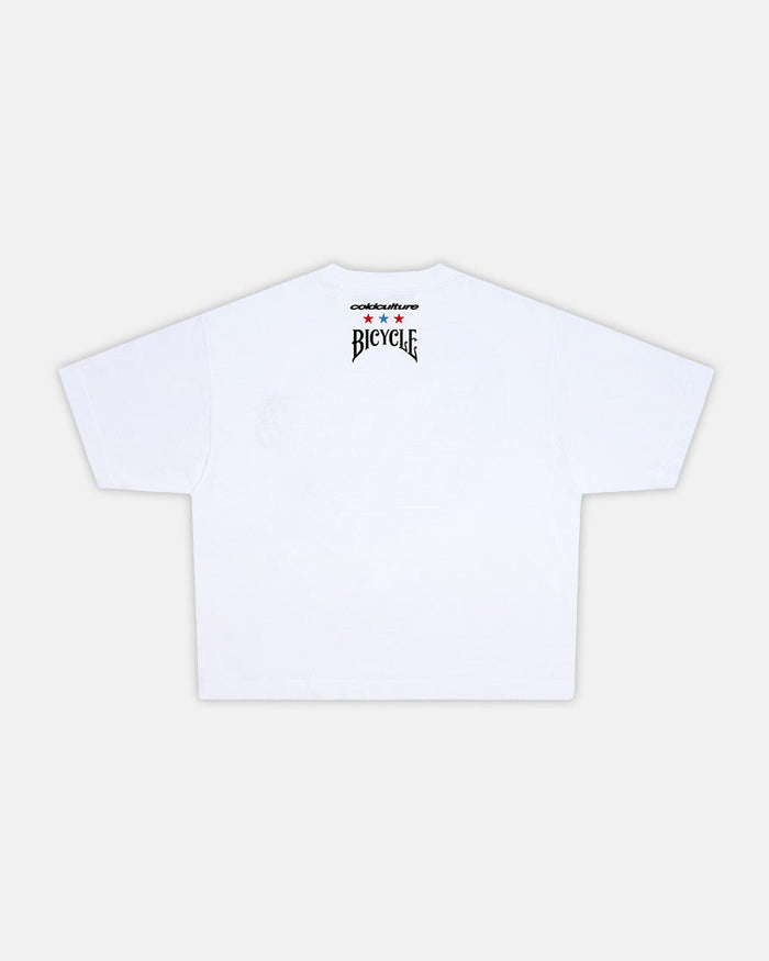 SOUVENIR BICYCLE TEE WHITE - white graphic print tee, back view - Cold Culture