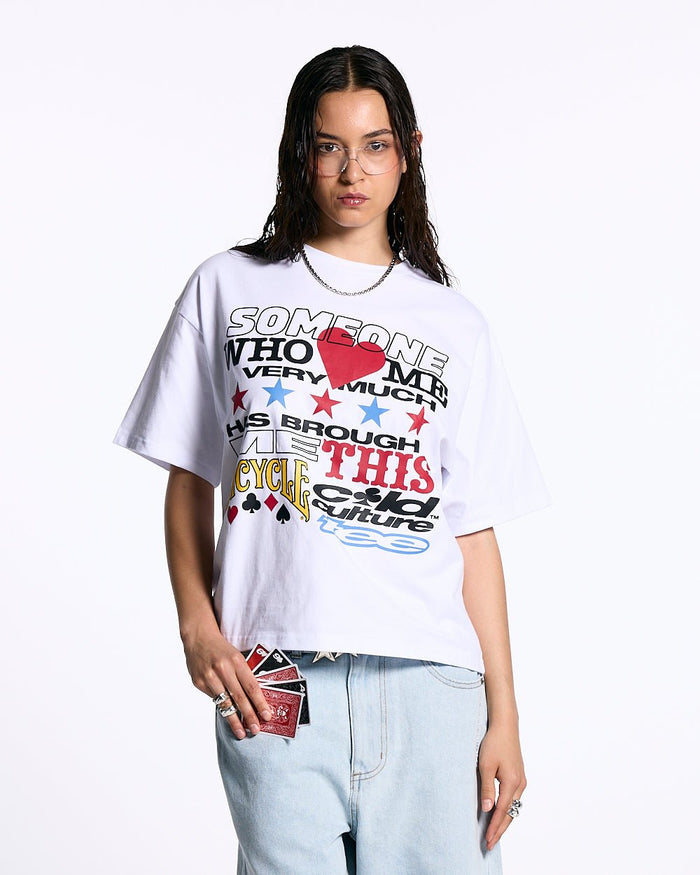SOUVENIR BICYCLE TEE WHITE - white graphic print tee, front view on female model - Cold Culture #woman