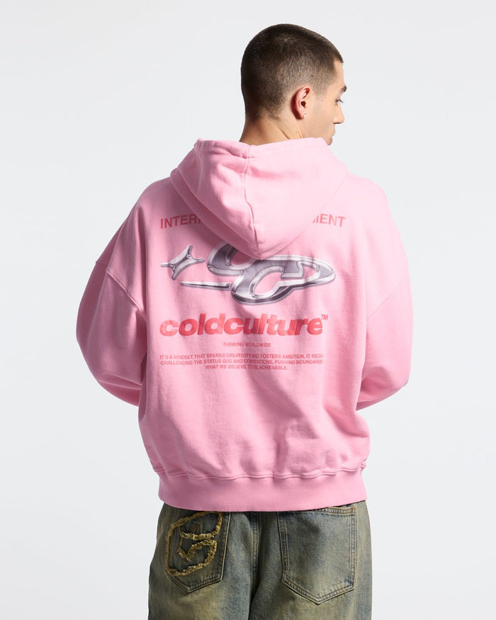 SPARKLY HOODIE PINK - pink graphic print hoodie, back view on male model - Cold Culture