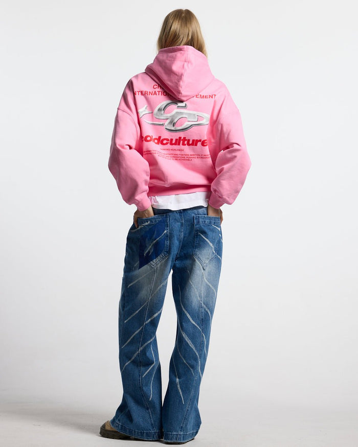SPARKLY HOODIE PINK - pink graphic print hoodie, back view on female model - Cold Culture #woman
