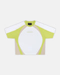 SPEED SPOKE TEE GREEN & GREY - green and white panelled tee, front view - Cold Culture