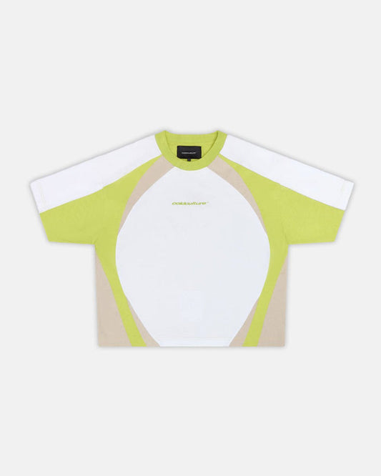 SPEED SPOKE TEE GREEN & GREY - green and white panelled tee, front view - Cold Culture