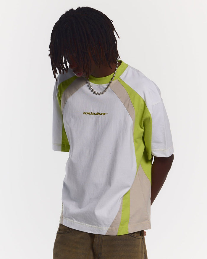 SPEED SPOKE TEE GREEN & GREY - green and white panelled tee, front view on male model - Cold Culture #man
