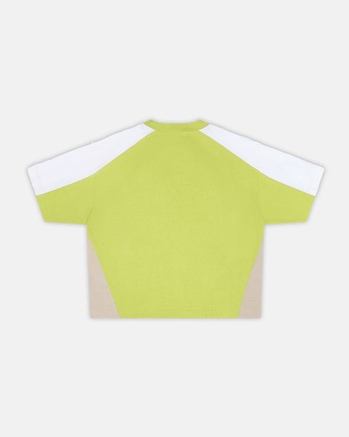 SPEED SPOKE TEE GREEN & GREY - green and white panelled tee, back view - Cold Culture