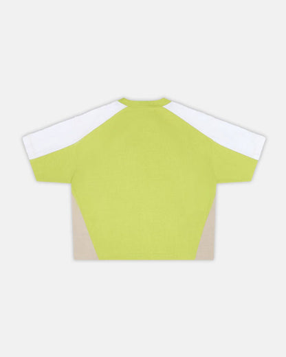 SPEED SPOKE TEE GREEN & GREY - green and white panelled tee, back view - Cold Culture