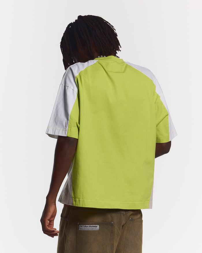 SPEED SPOKE TEE GREEN & GREY - green and white panelled tee, back view on male model - Cold Culture #man