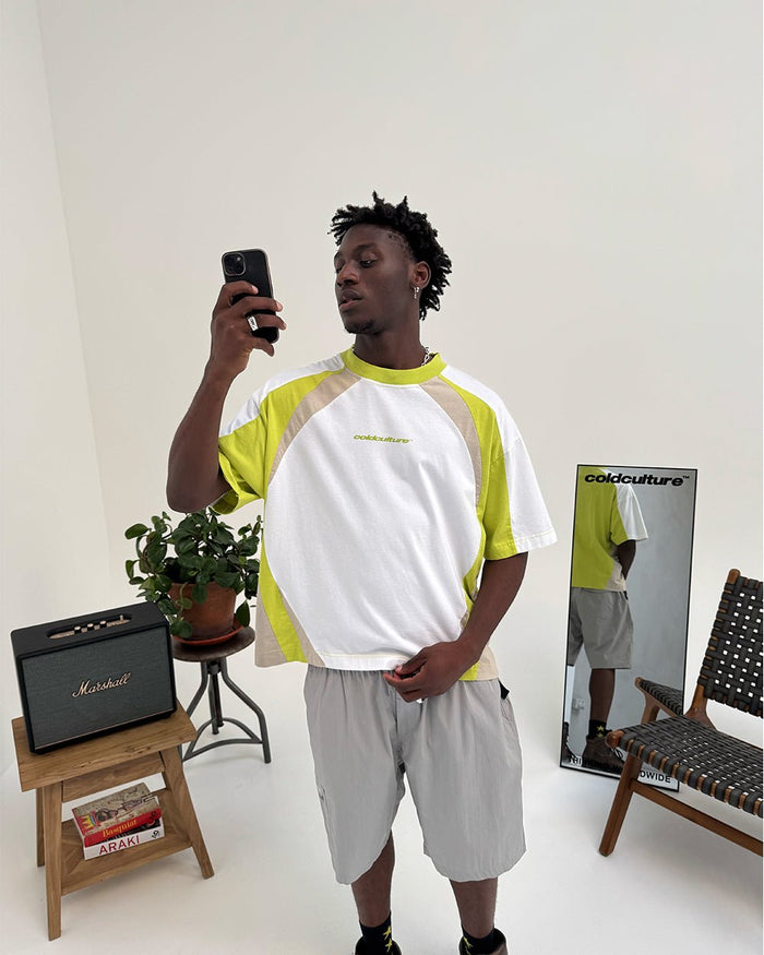 SPEED SPOKE TEE GREEN & GREY - green and white panelled tee, street style shot - Cold Culture