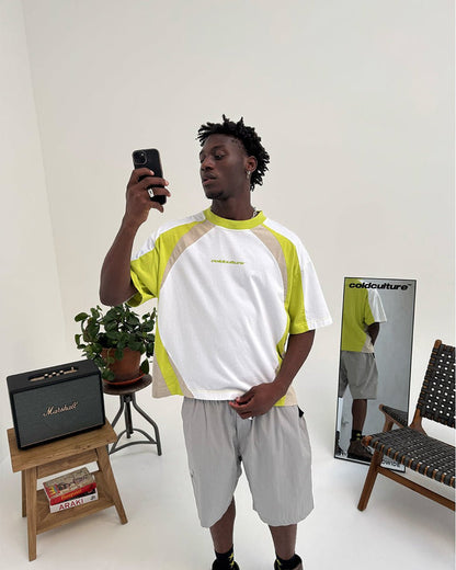 SPEED SPOKE TEE GREEN & GREY - green and white panelled tee, street style shot - Cold Culture