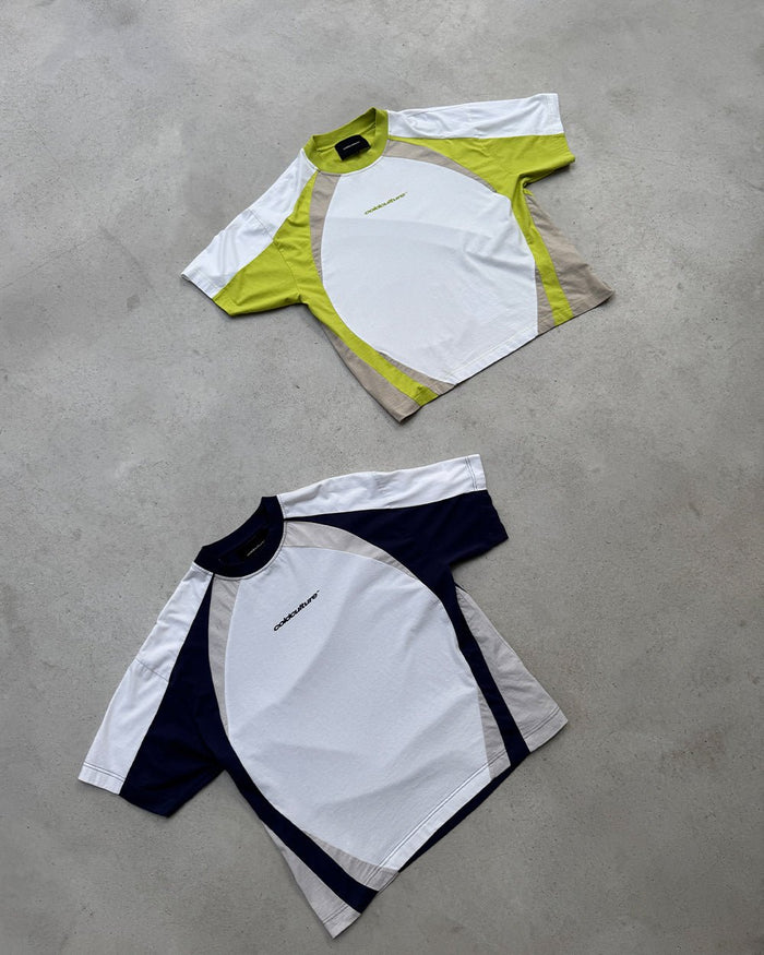 SPEED SPOKE TEE GREEN & GREY - green and white panelled tee, flat lay with matching pieces - Cold Culture