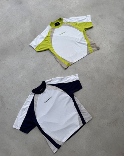 SPEED SPOKE TEE GREEN & GREY - green and white panelled tee, flat lay with matching pieces - Cold Culture