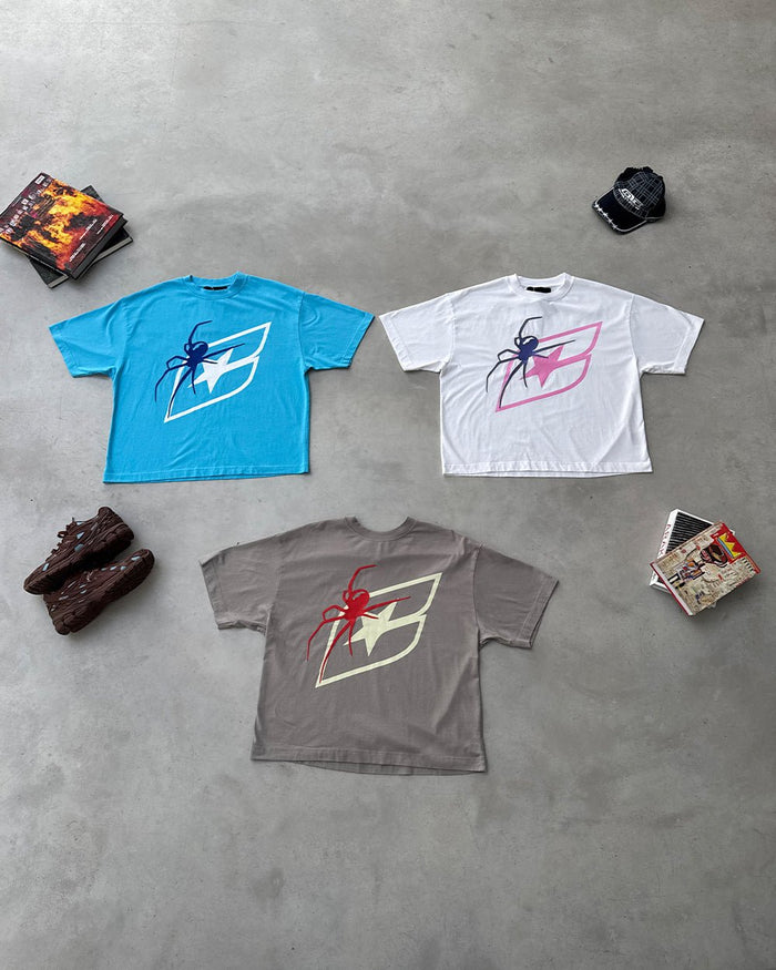 SPIDER TEE WHITE - white graphic print tee, flat lay with matching pieces - Cold Culture