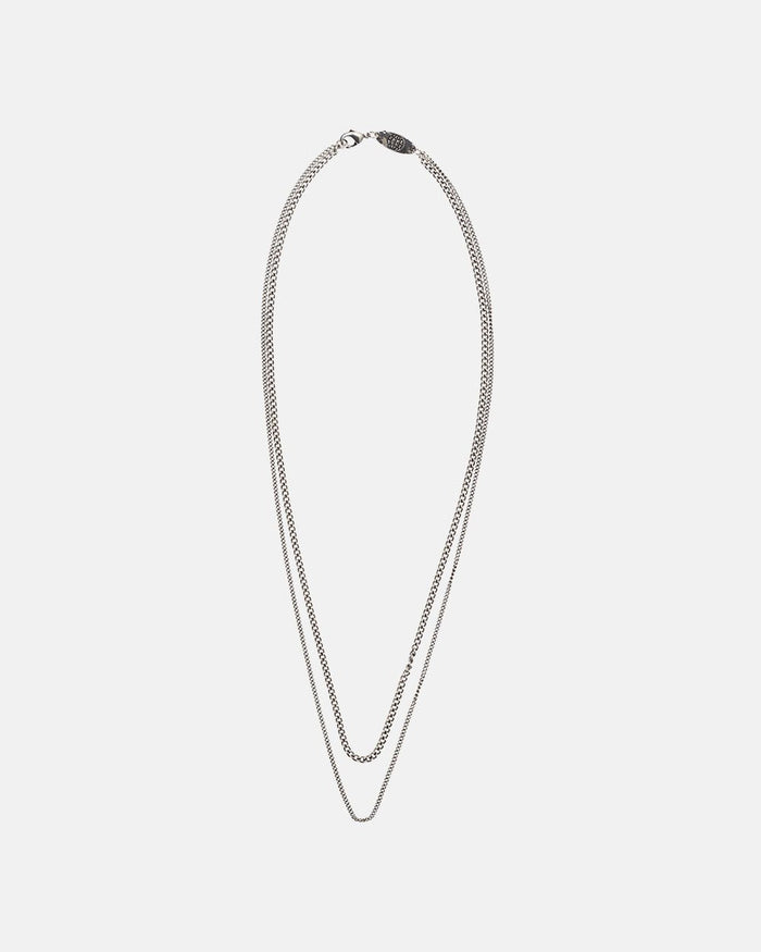 SPIKED DOUBLE CHAIN - silver double chain necklace, flat lay - Cold Culture