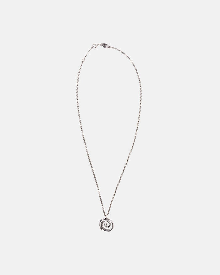 SPIRAL NECKLACE - silver spiral pendant necklace, flat lay - Cold Culture
