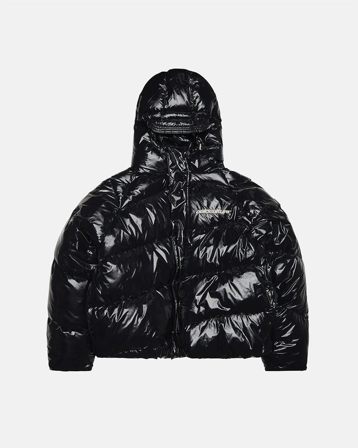 SPIRAL PUFFER GLOSSY BLACK - glossy black puffer jacket, front view - Cold Culture