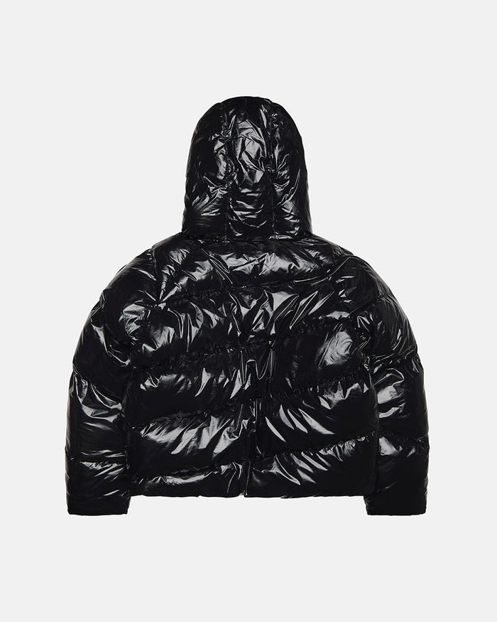 SPIRAL PUFFER GLOSSY BLACK - glossy black puffer jacket, back view - Cold Culture