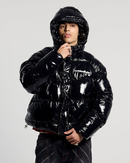 SPIRAL PUFFER GLOSSY BLACK - glossy black puffer jacket, front view on male model - Cold Culture #man