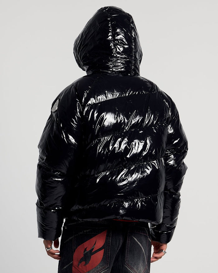 SPIRAL PUFFER GLOSSY BLACK - glossy black puffer jacket, back view on male model - Cold Culture #man