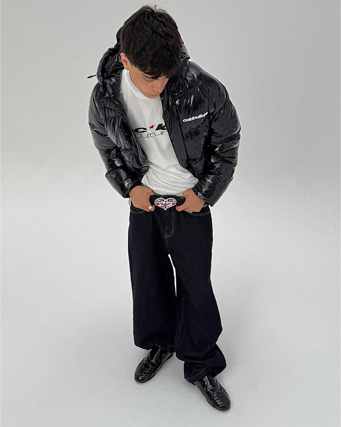 SPIRAL PUFFER GLOSSY BLACK - glossy black puffer jacket, front view on male model - Cold Culture