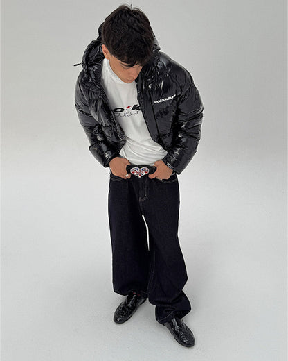 SPIRAL PUFFER GLOSSY BLACK - glossy black puffer jacket, front view on male model - Cold Culture